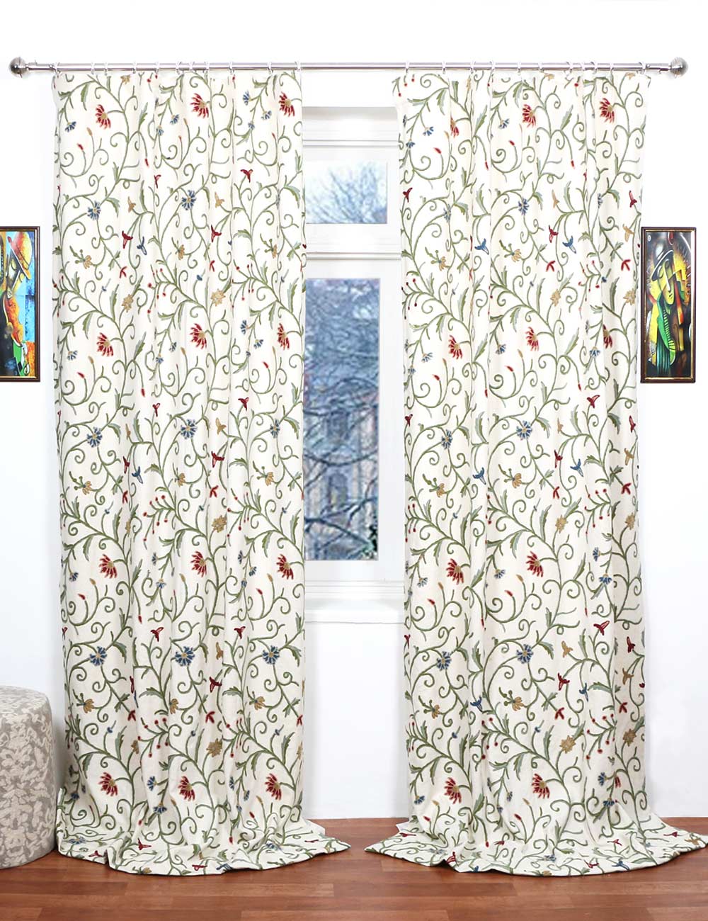 Hand Embroidered Cotton Crewel Curtain Panels